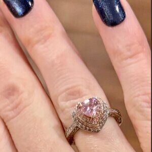 Heart Cut Lab-Grown Pink Sapphire Sterling Silver Two-Tone Double Halo Ring